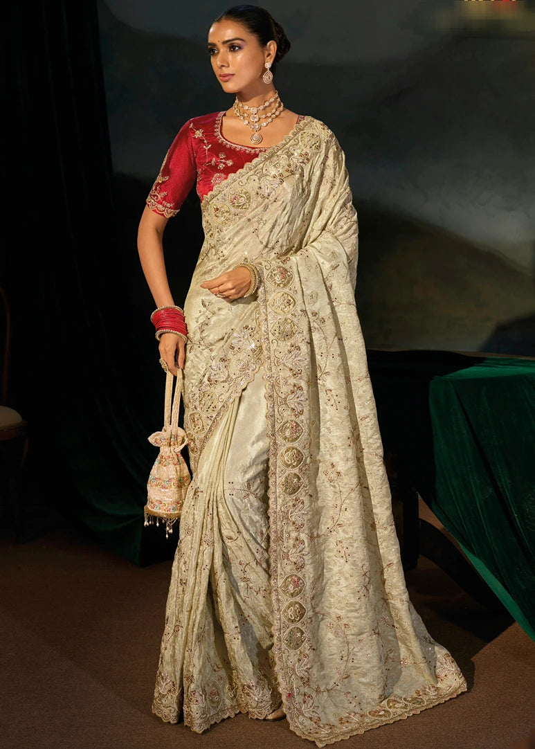Ivory Cream Kanjivaram Silk Embroidered Saree