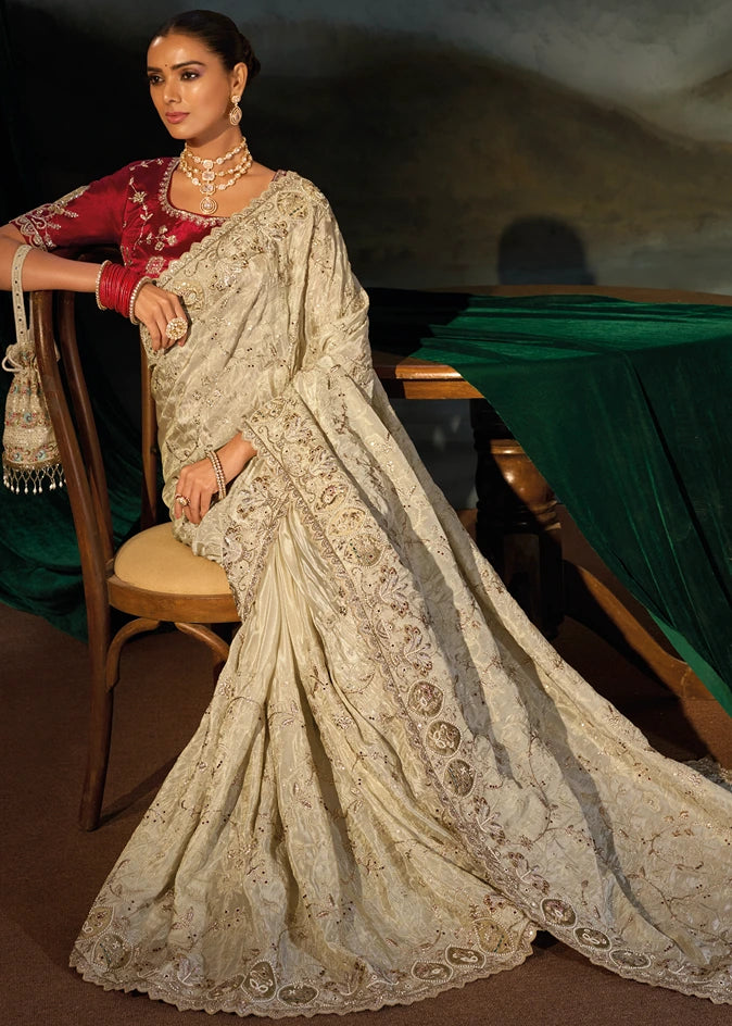 Ivory Cream Kanjivaram Silk Embroidered Saree