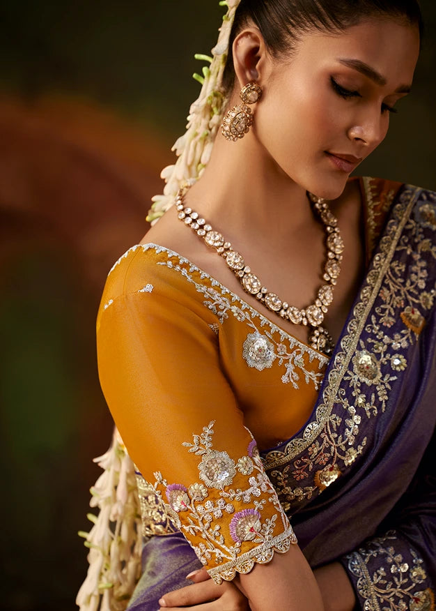 Pure Tissue Silk Purple Embroidered Saree With Yellow Blouse