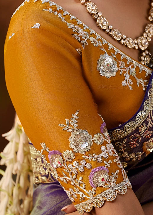 Pure Tissue Silk Purple Embroidered Saree With Yellow Blouse
