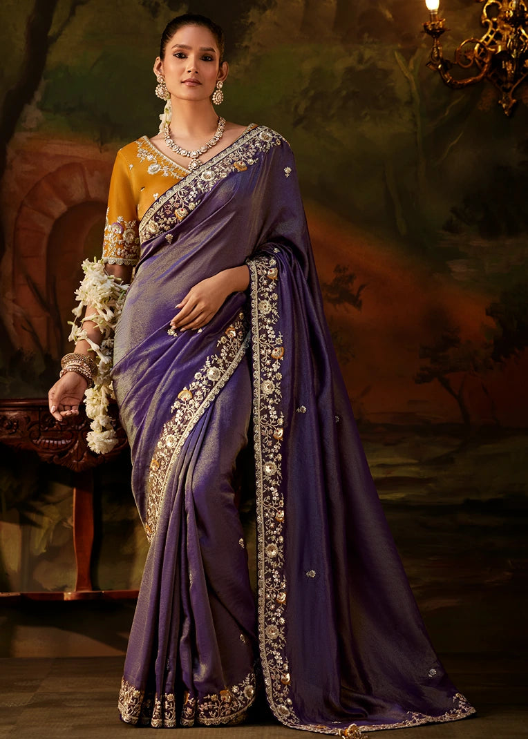 Pure Tissue Silk Purple Embroidered Saree With Yellow Blouse