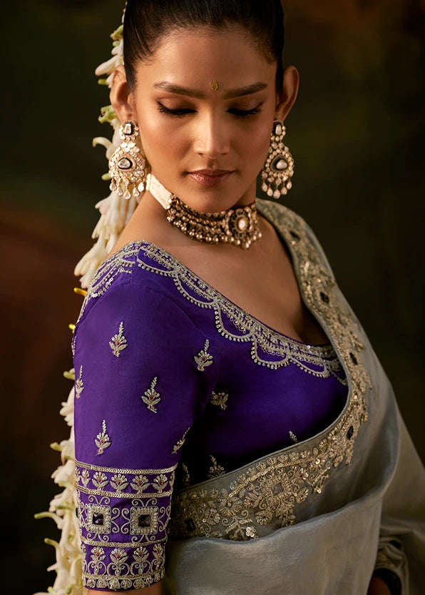 Pure Tissue Silk Silver Embroidered Saree With Purple Blouse