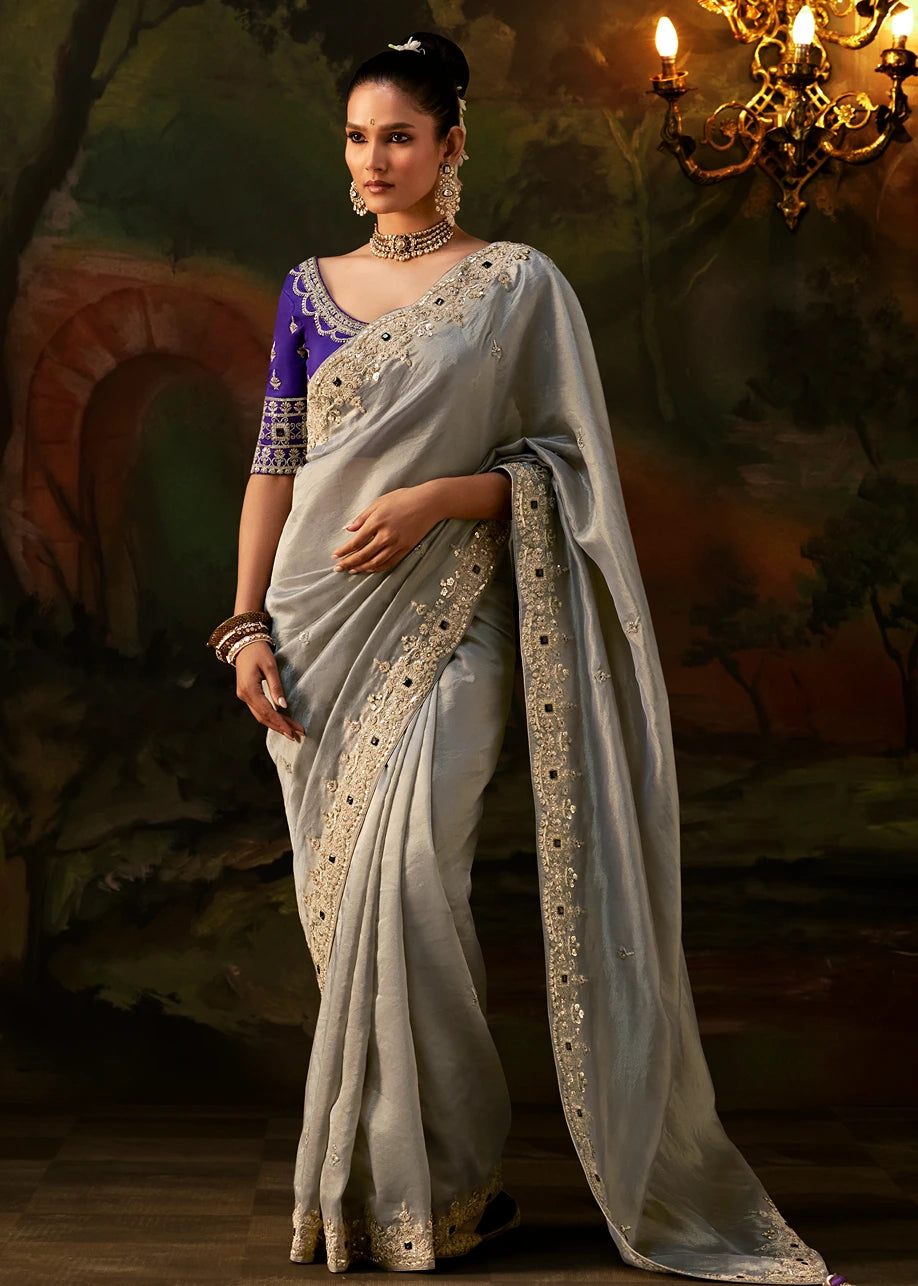 Pure Tissue Silk Silver Embroidered Saree With Purple Blouse