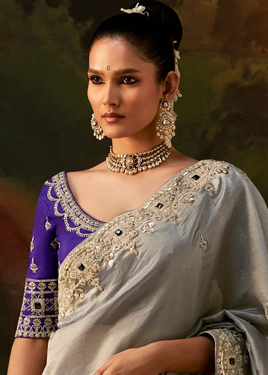 Pure Tissue Silk Silver Embroidered Saree With Purple Blouse