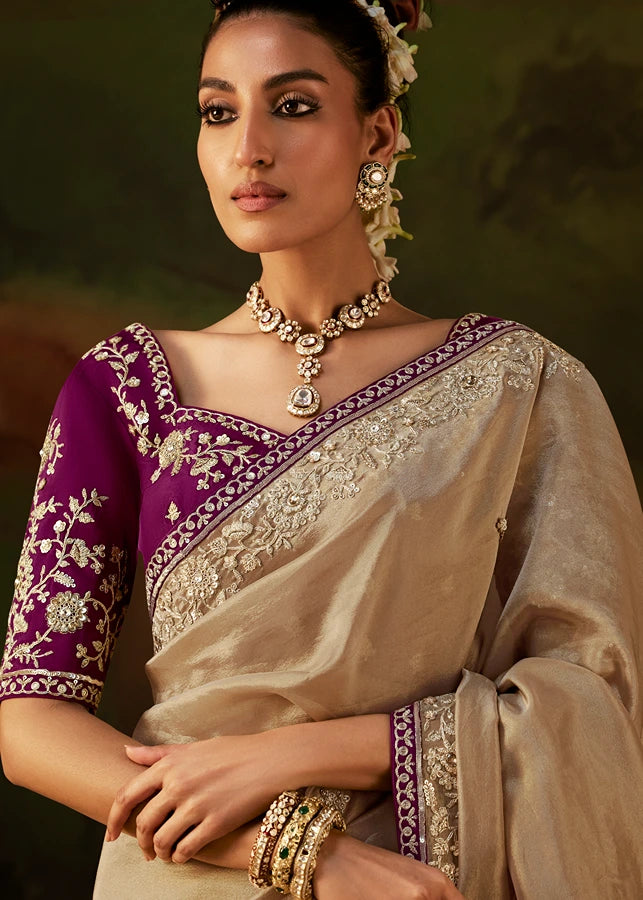 Pure Tissue Silk Beige Embroidered Saree With Maroon Blouse
