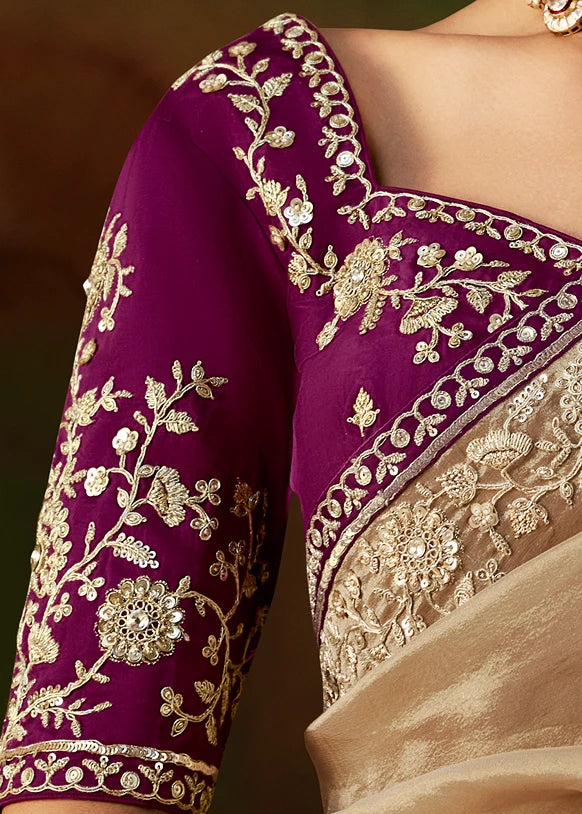 Pure Tissue Silk Beige Embroidered Saree With Maroon Blouse
