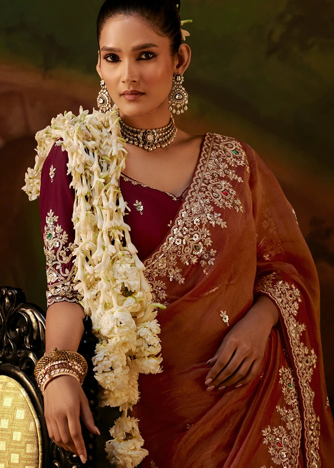 Pure Tissue Silk Rust Brown Embroidered Saree With Maroon Blouse