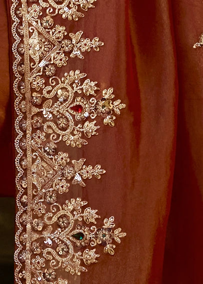 Pure Tissue Silk Rust Brown Embroidered Saree With Maroon Blouse