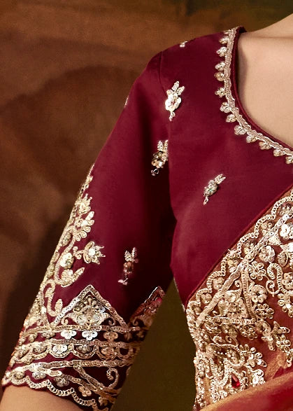 Pure Tissue Silk Rust Brown Embroidered Saree With Maroon Blouse