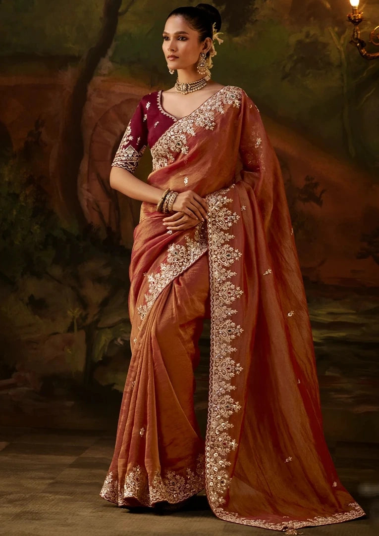 Pure Tissue Silk Rust Brown Embroidered Saree With Maroon Blouse