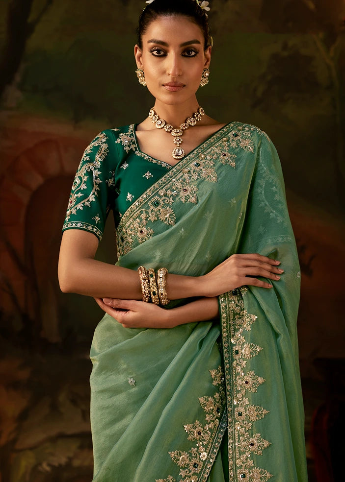 Pure Tissue Silk Sea Green Embroidered Saree
