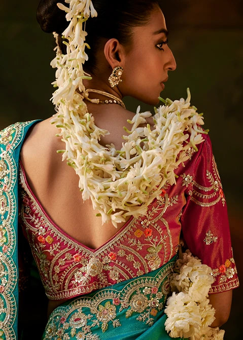 Pure Tissue Silk Turquoise Blue Embroidered Saree