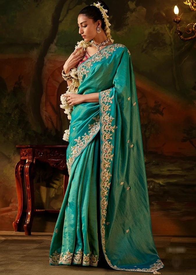 Pure Tissue Silk Turquoise Blue Embroidered Saree