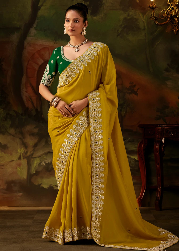 Pure Tissue Silk Yellow Embroidered Saree With Green Blouse