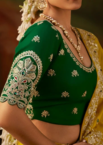 Pure Tissue Silk Yellow Embroidered Saree With Green Blouse