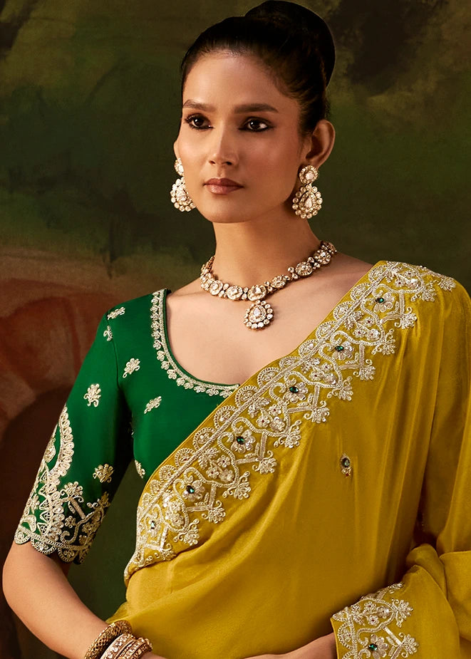 Pure Tissue Silk Yellow Embroidered Saree With Green Blouse