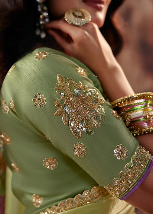 Pista Green & Pink Embroidered Satin Organza Silk Saree
