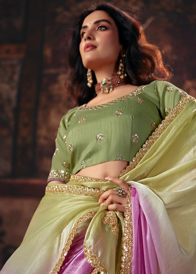 Pista Green & Pink Embroidered Satin Organza Silk Saree