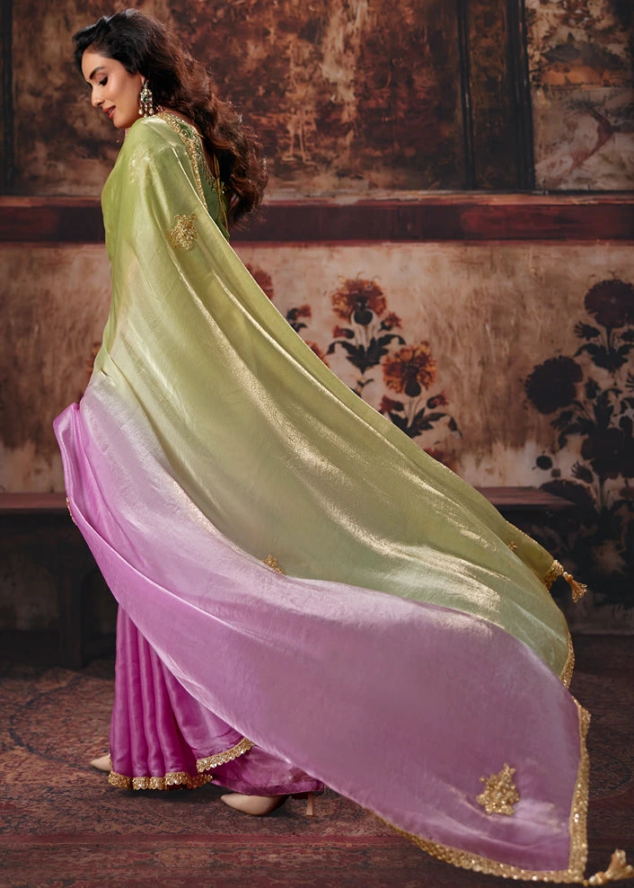 Pista Green & Pink Embroidered Satin Organza Silk Saree