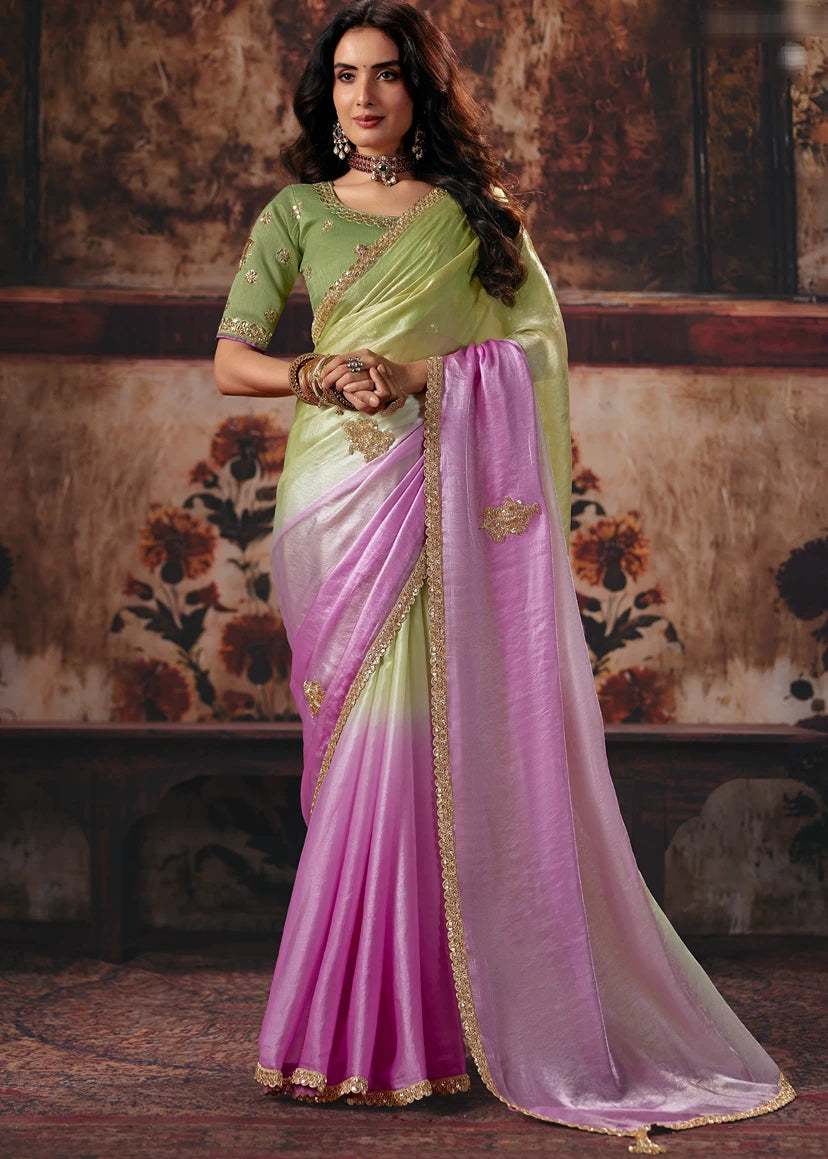 Pista Green & Pink Embroidered Satin Organza Silk Saree