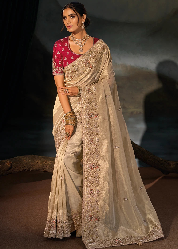 Beige Kanjivaram Silk Embroidered Saree