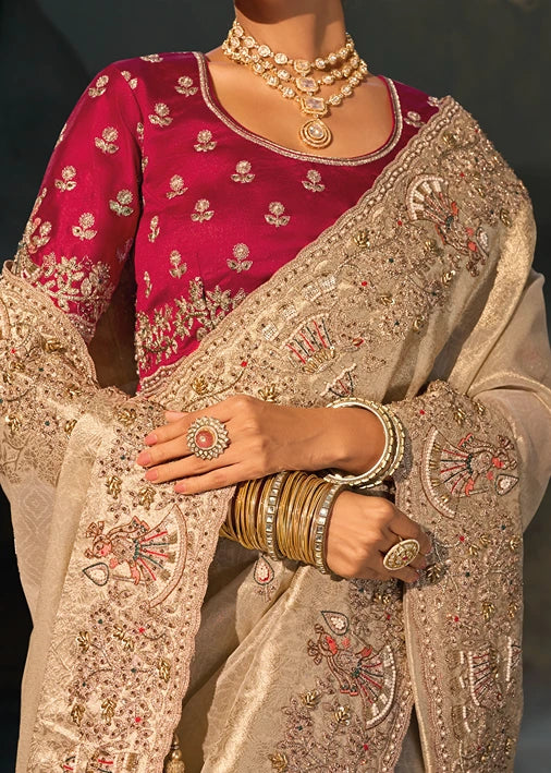 Beige Kanjivaram Silk Embroidered Saree