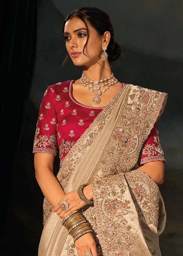 Beige Kanjivaram Silk Embroidered Saree