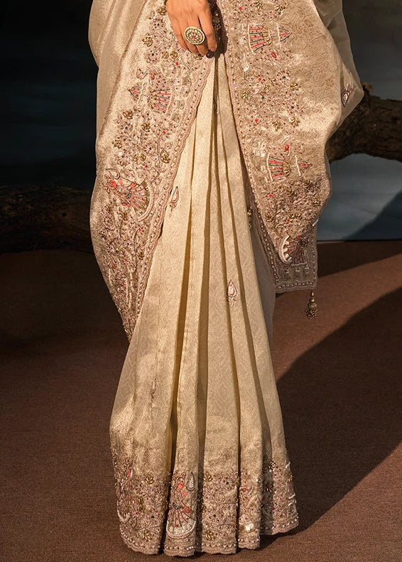 Beige Kanjivaram Silk Embroidered Saree