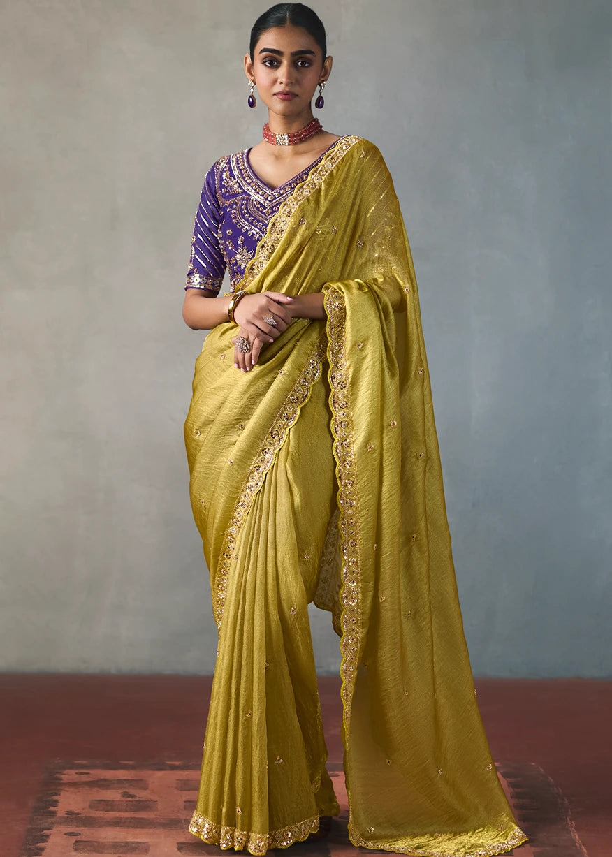 Lime Green Organza Tissue Silk Saree
