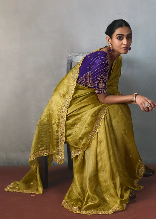 Lime Green Organza Tissue Silk Saree