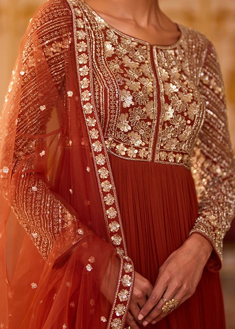Rust Brown Anarkali Gown Suit With Dupatta