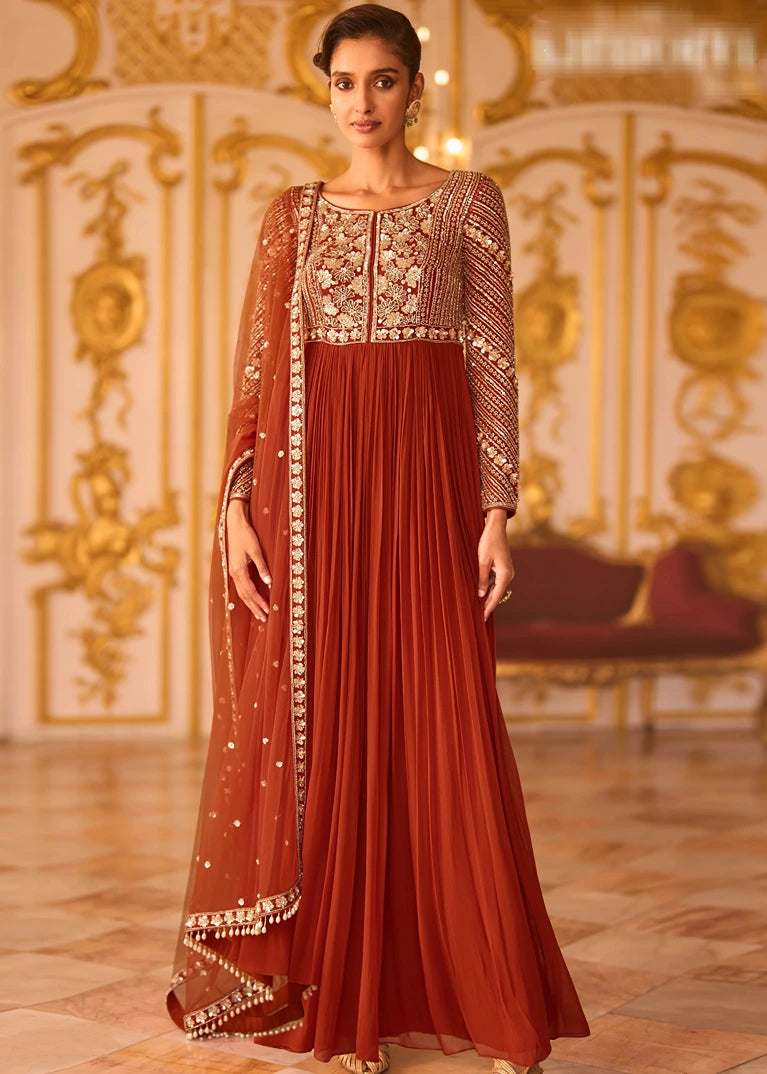 Rust Brown Anarkali Gown Suit With Dupatta