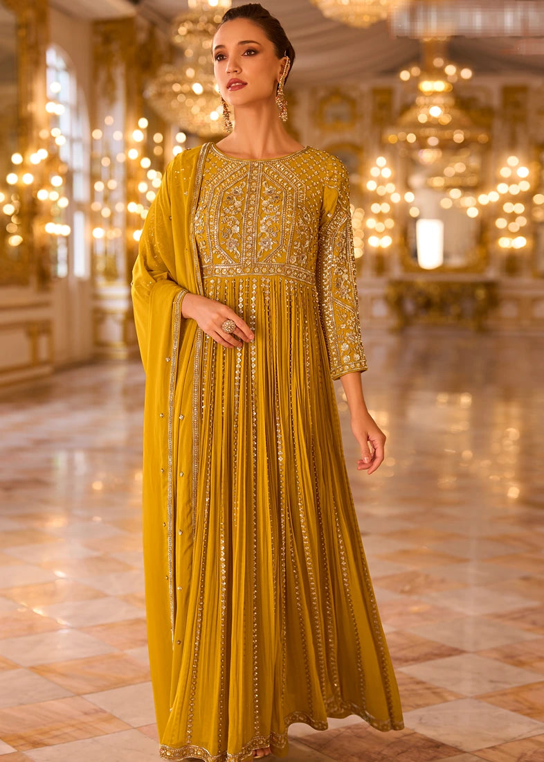 Mustard Yellow Anarkali Gown Suit With Dupatta