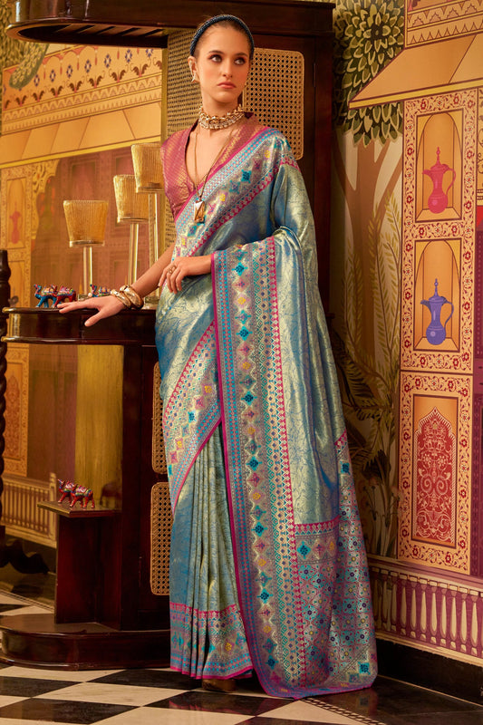 Sky Blue Banarasi Tissue Silk Multicolor Weaving Border Saree