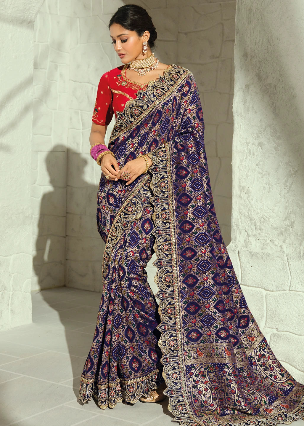 Violet Purple Bandhani Silk Saree With Meenakari
