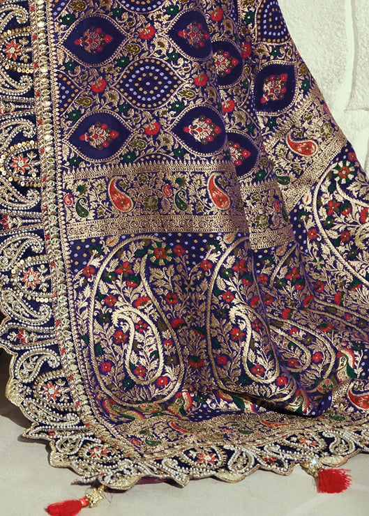 Violet Purple Bandhani Silk Saree With Meenakari