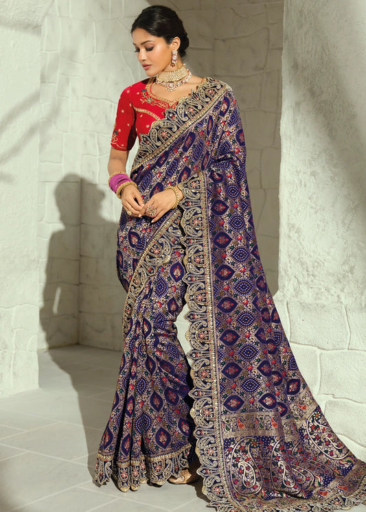 Violet Purple Banarasi Bandhani Saree With Meenakari