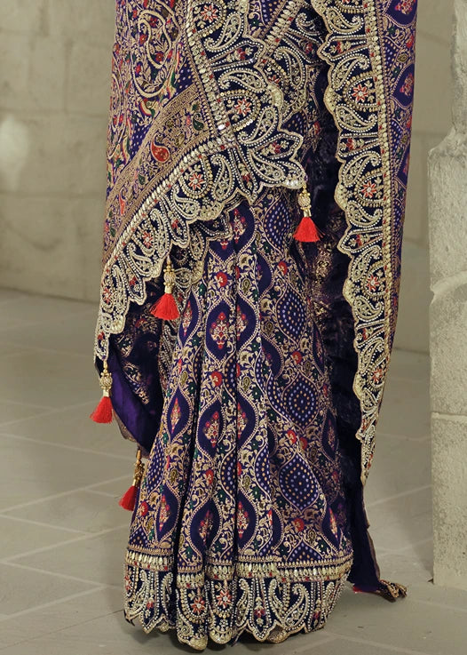 Violet Purple Bandhani Silk Saree With Meenakari