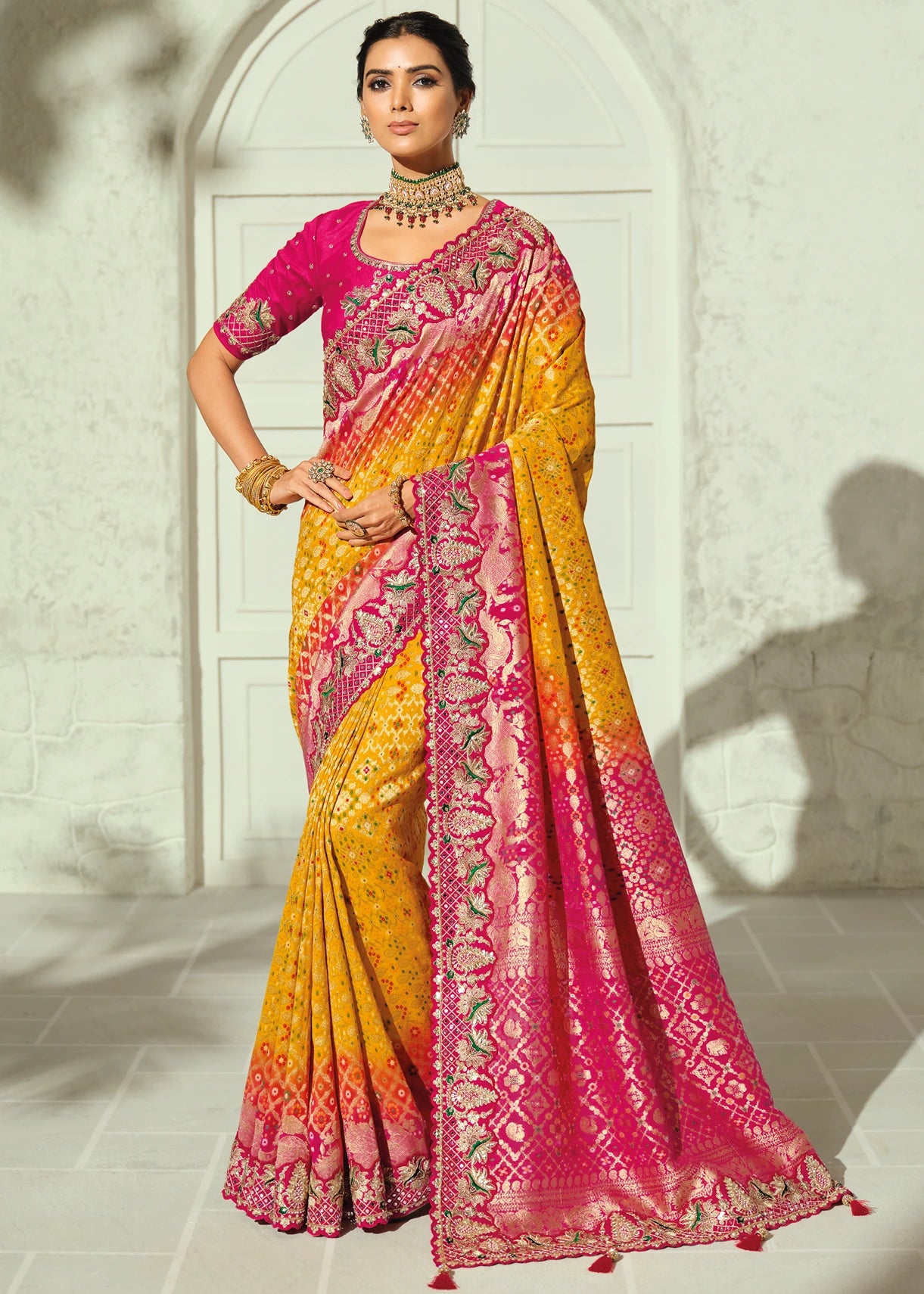 Yellow & Rani Pink Ombre Bandhani Silk Saree With Meenakari