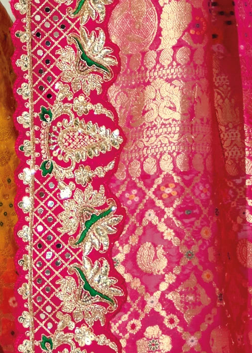 Yellow & Rani Pink Ombre Bandhani Silk Saree With Meenakari