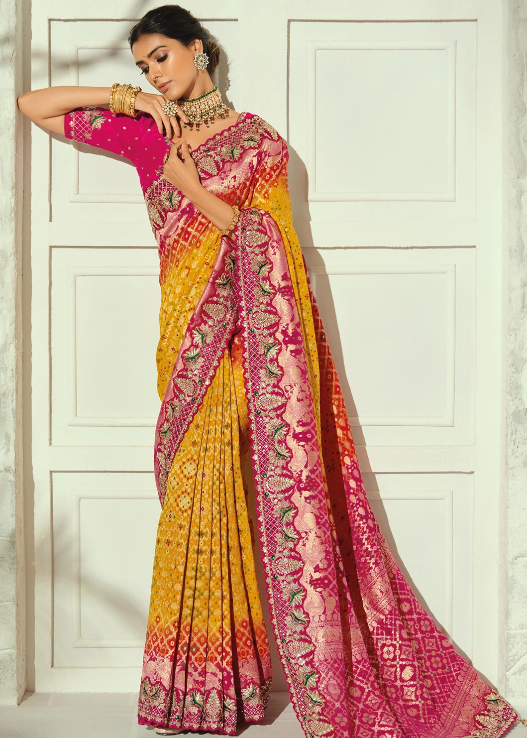 Yellow & Rani Pink Ombre Bandhani Silk Saree With Meenakari