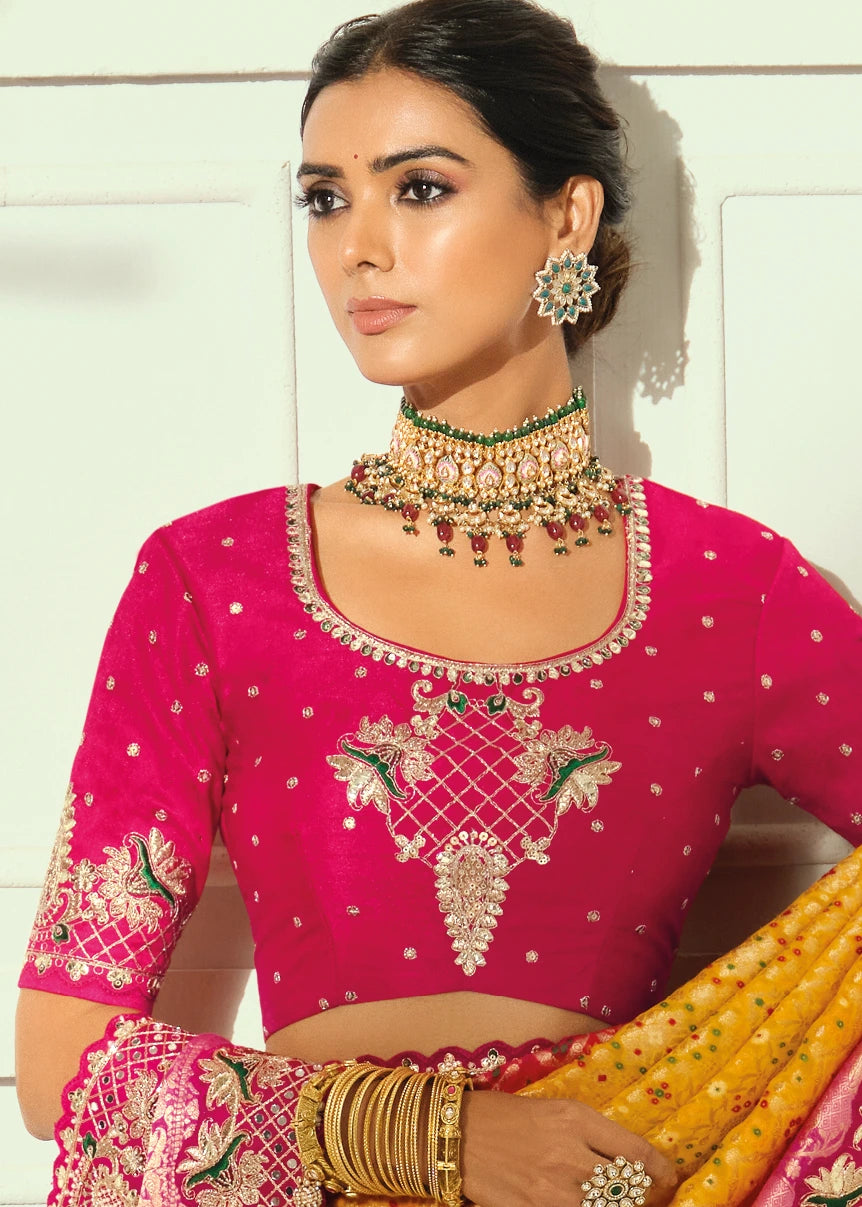 Yellow & Rani Pink Ombre Bandhani Silk Saree With Meenakari