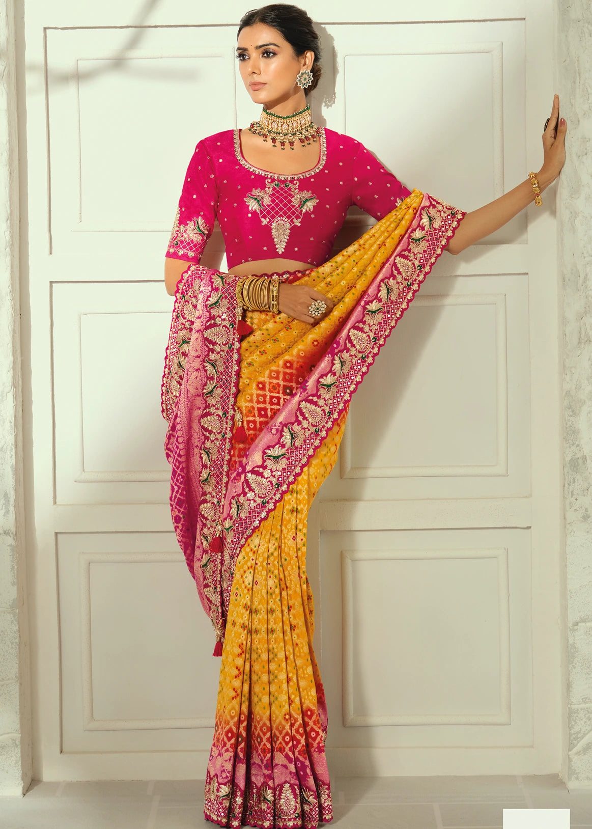 Yellow & Rani Pink Ombre Bandhani Silk Saree With Meenakari