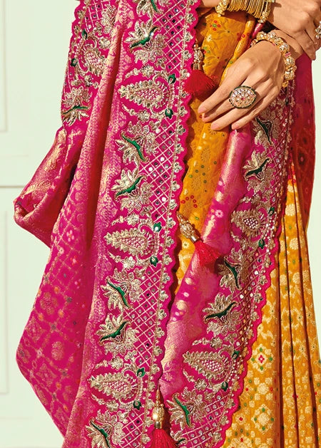 Yellow & Rani Pink Ombre Bandhani Silk Saree With Meenakari