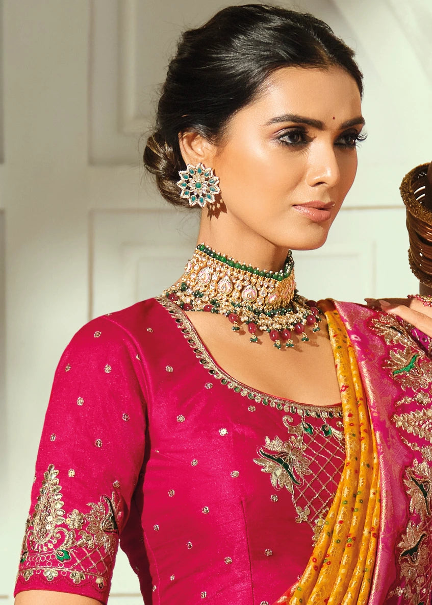 Yellow & Rani Pink Ombre Bandhani Silk Saree With Meenakari