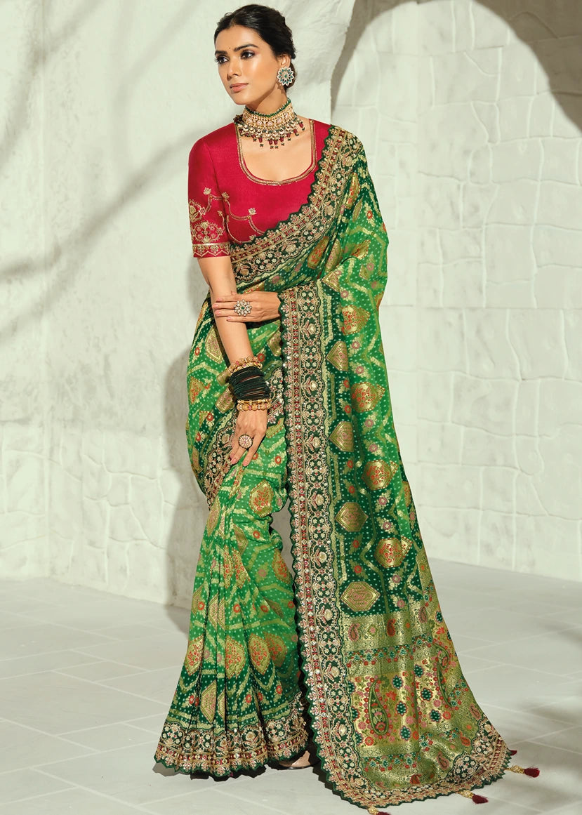 Green Ombre Banarasi Khaddi Georgette Saree & Red Blouse