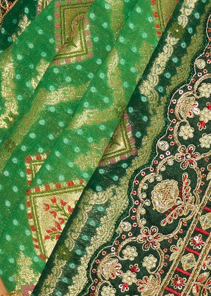 Green Ombre Banarasi Khaddi Georgette Saree & Red Blouse
