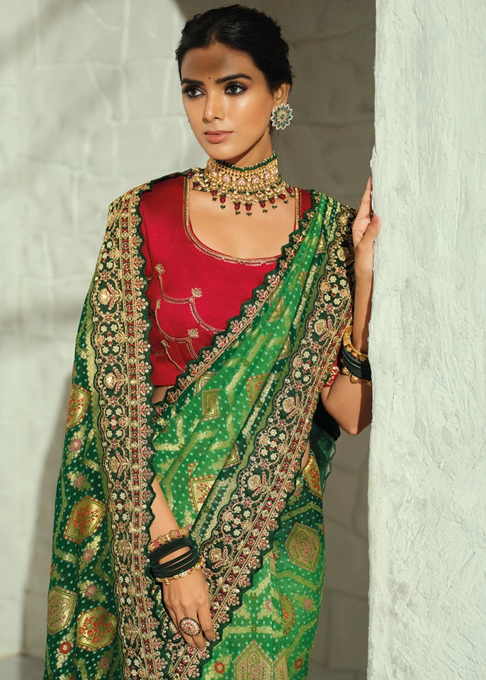 Green Ombre Banarasi Khaddi Georgette Saree & Red Blouse