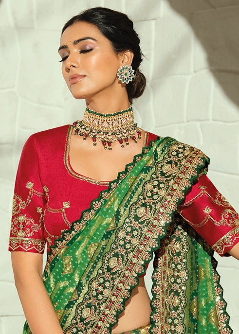 Green Ombre Banarasi Khaddi Georgette Saree & Red Blouse