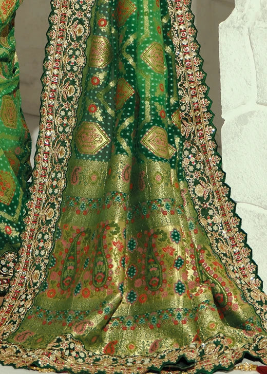 Green Ombre Banarasi Khaddi Georgette Saree & Red Blouse